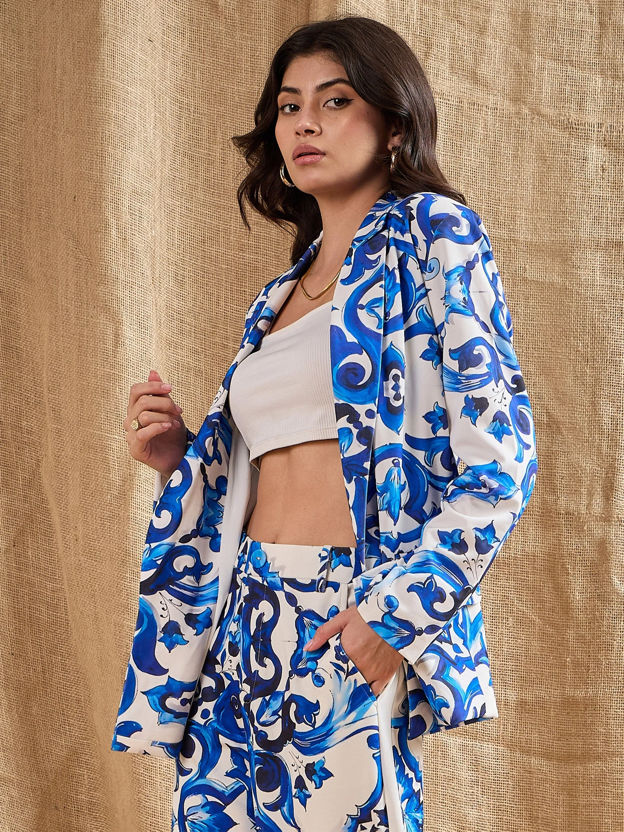 Women Blue Floral Printed Shawl Collar Blazer