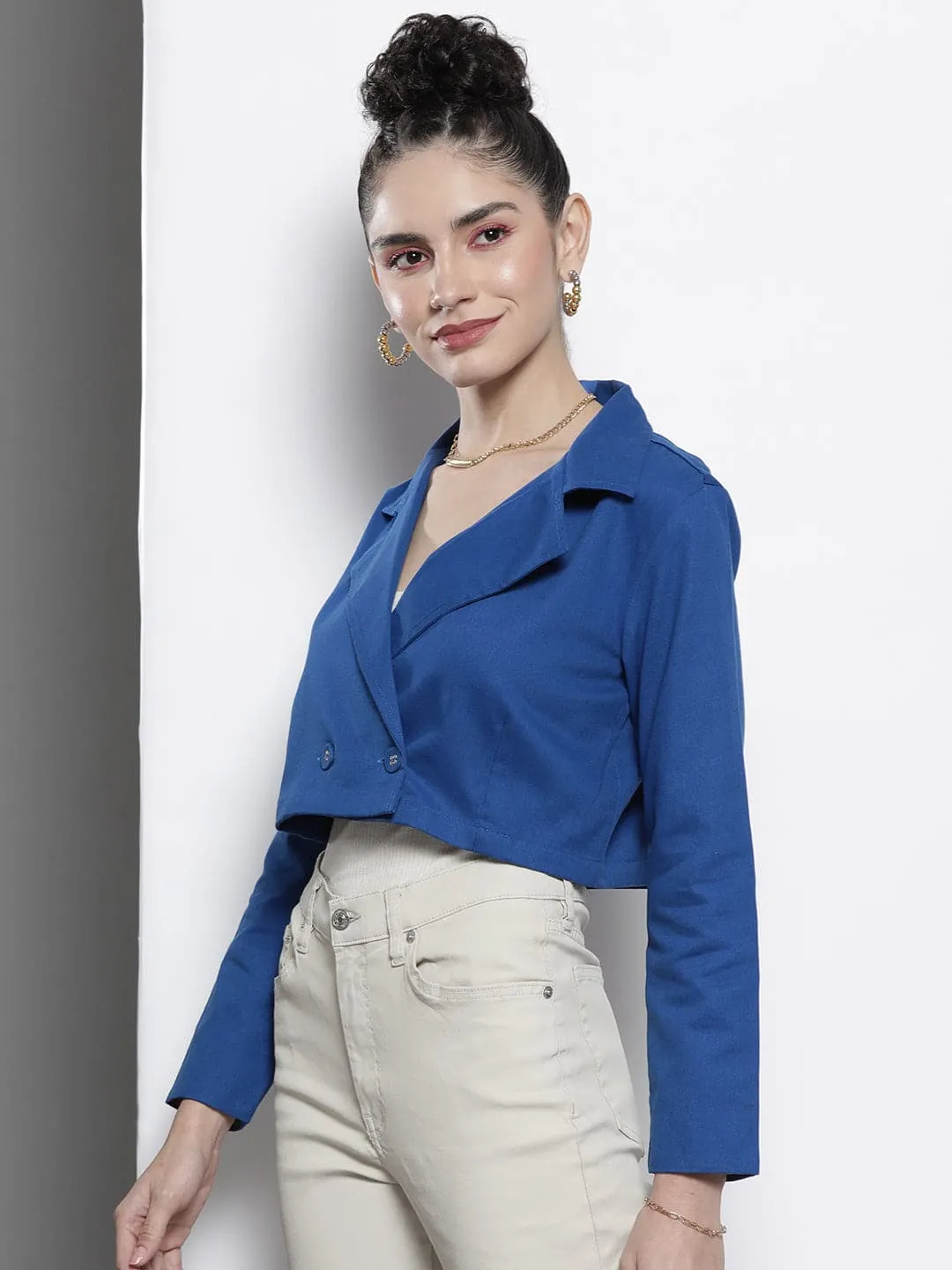 Women Blue Twill Crop Blazer