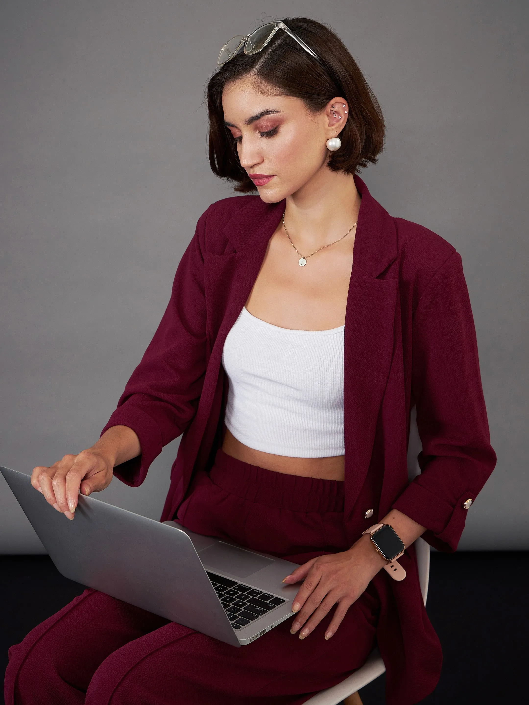 Women Burgundy Front Button Blazer