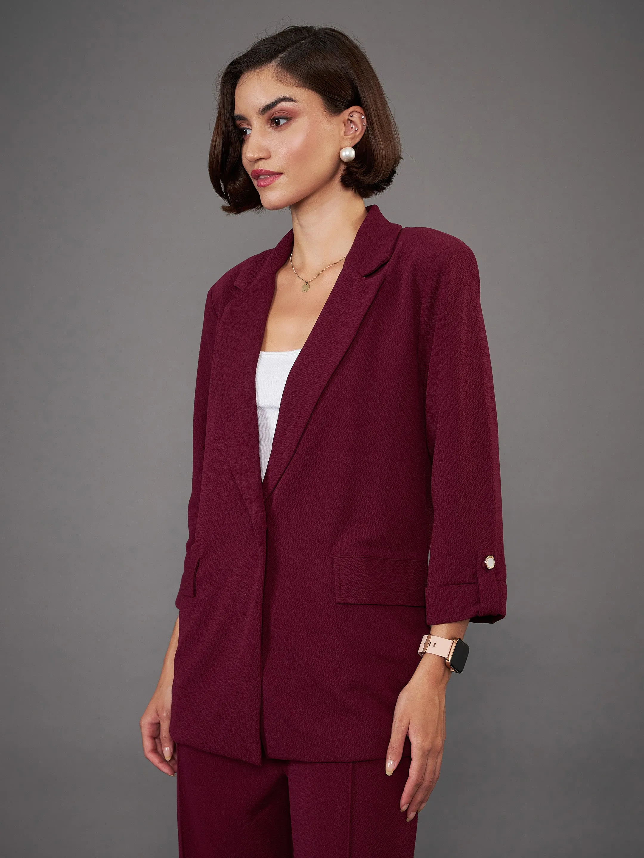 Women Burgundy Front Button Blazer