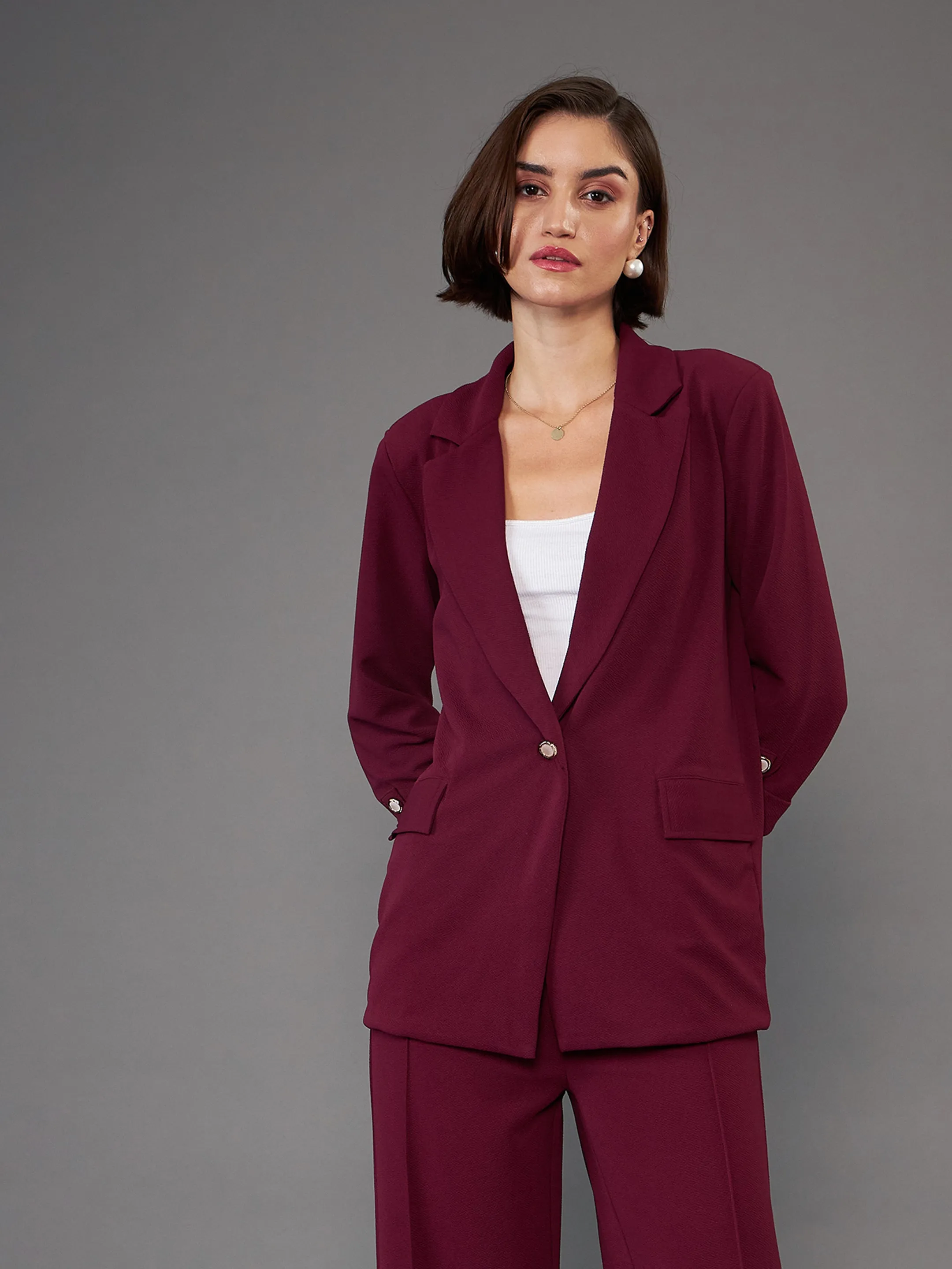 Women Burgundy Front Button Blazer