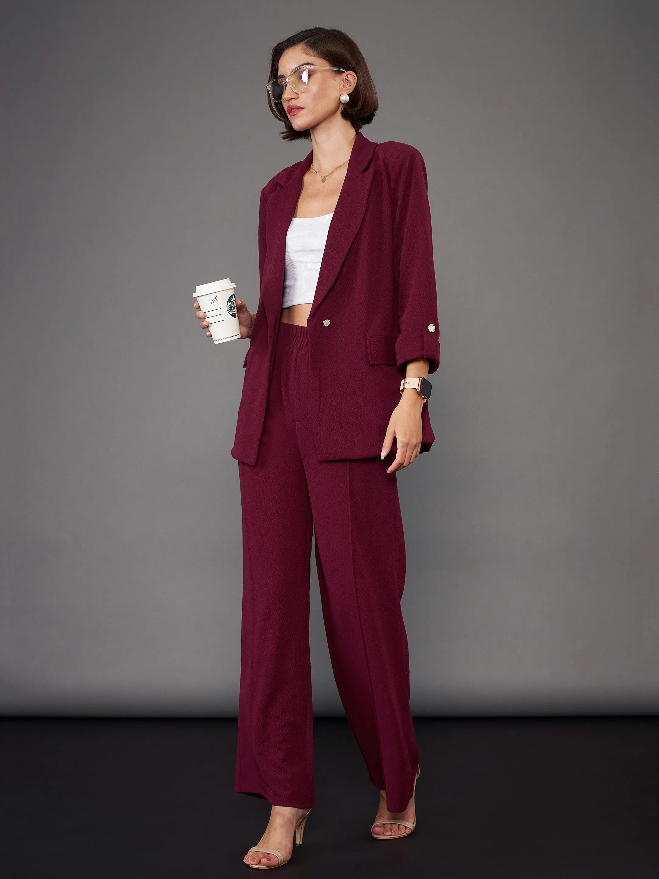 Women Burgundy Front Button Blazer