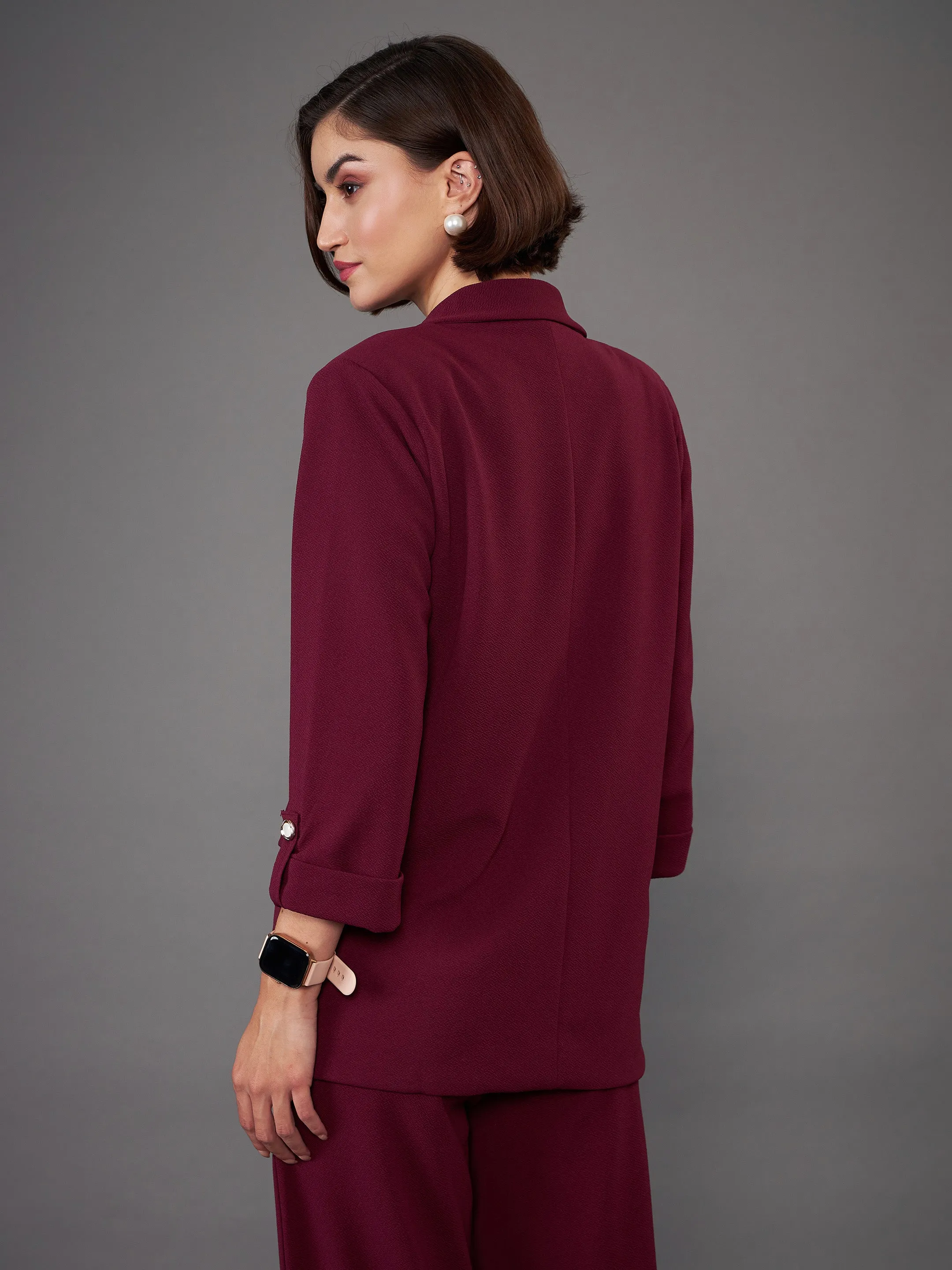 Women Burgundy Front Button Blazer