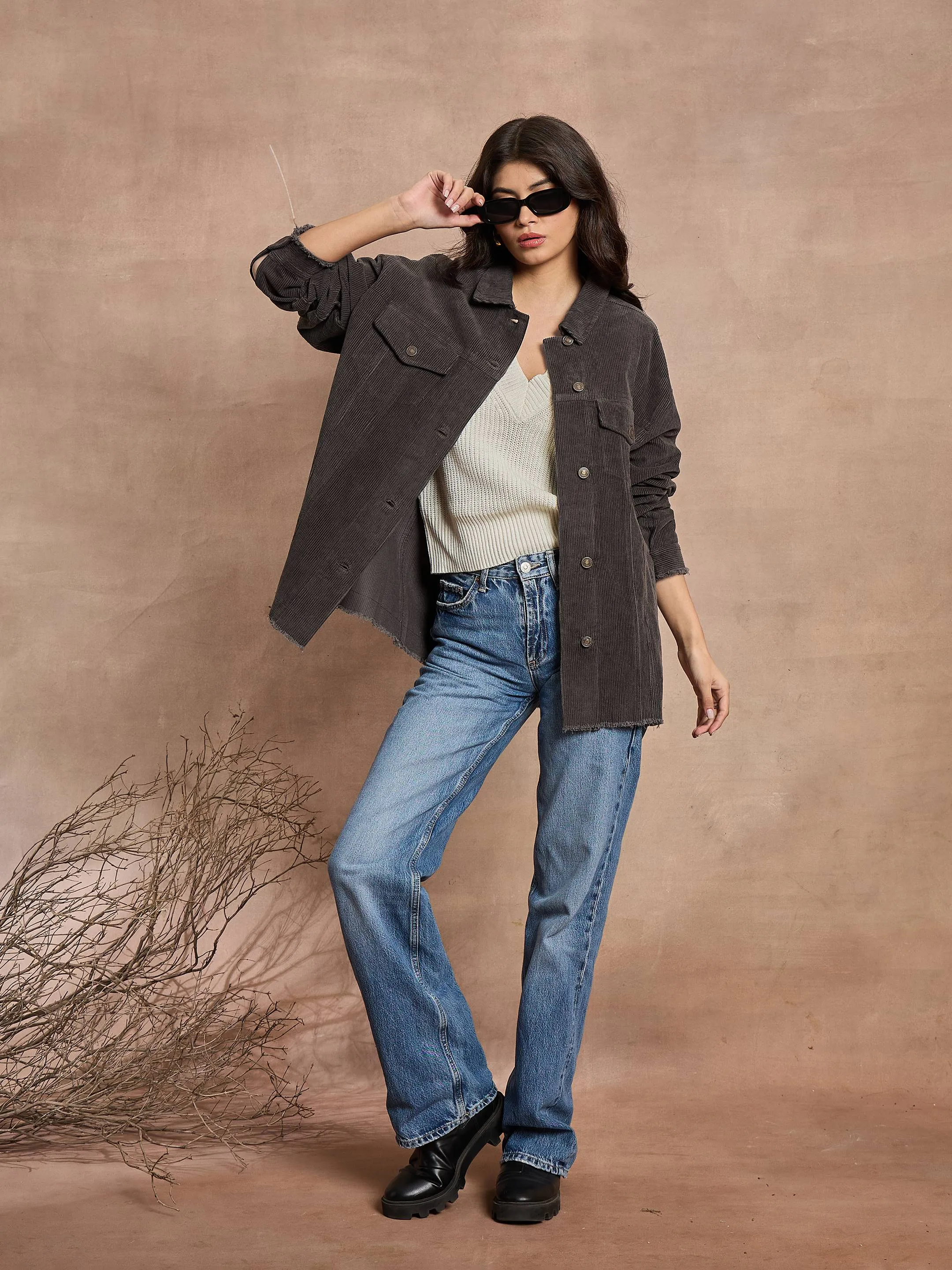 Women Dark Grey Corduroy Oversize Shacket