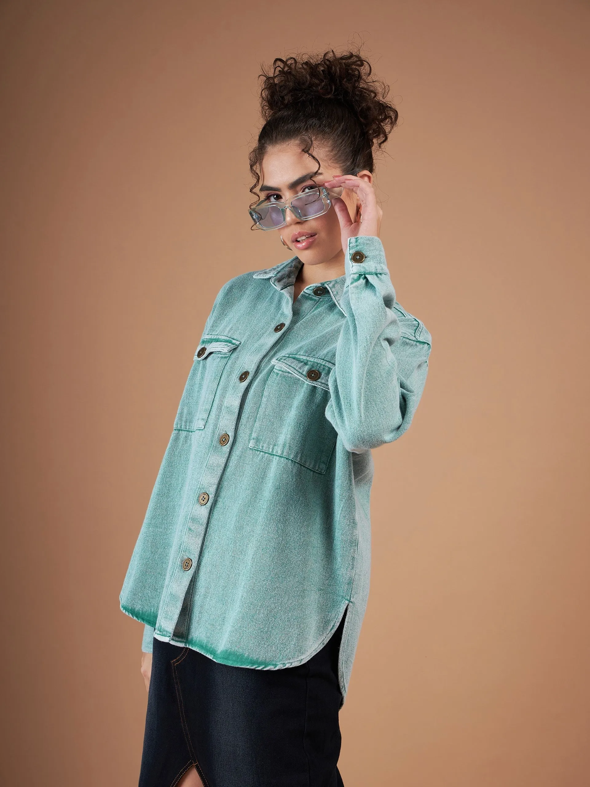 Women Green Washed Denim Shacket