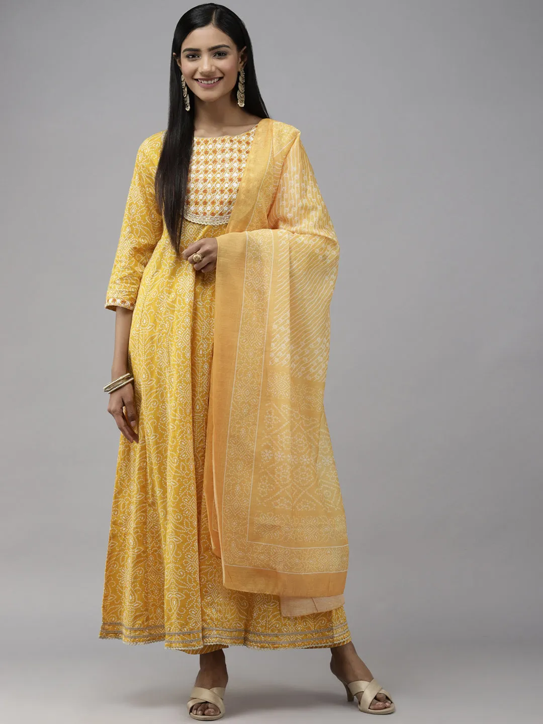 Women Mustard Yellow Bandhani Print Thread Work Pure Cotton Kurta Set