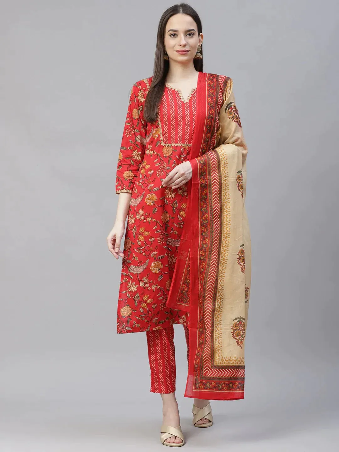 Women Red Ethnic Motifs Printed Regular Pure Cotton Kurta With Trousers & Dupatta