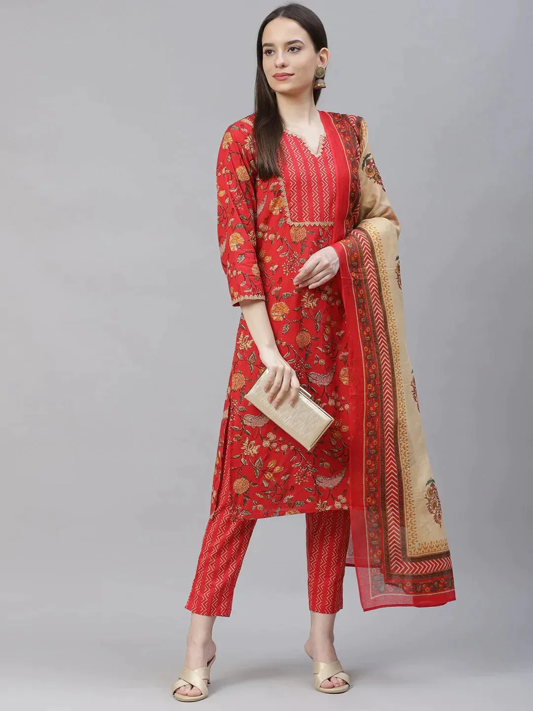 Women Red Ethnic Motifs Printed Regular Pure Cotton Kurta With Trousers & Dupatta