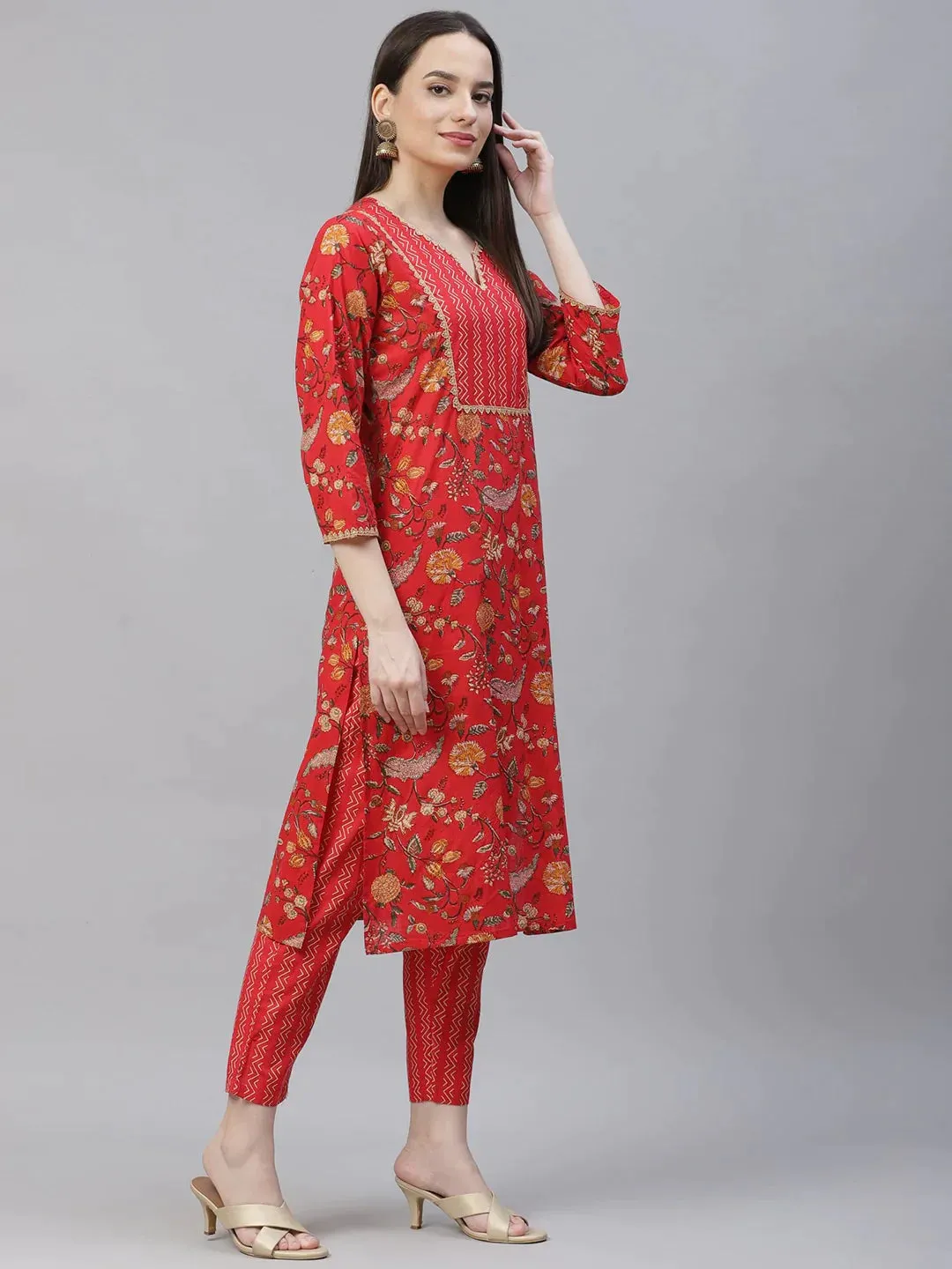 Women Red Ethnic Motifs Printed Regular Pure Cotton Kurta With Trousers & Dupatta