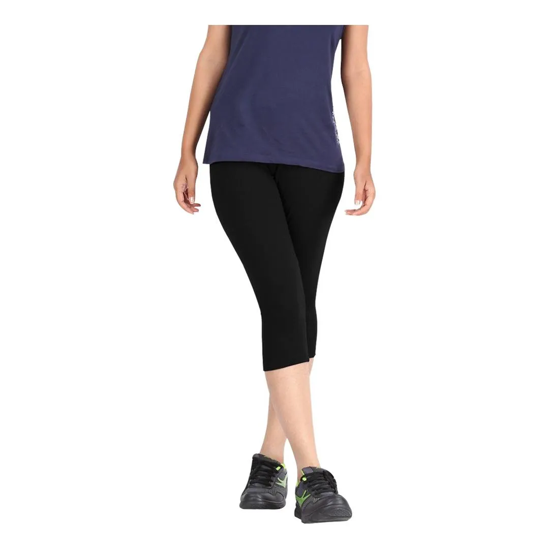 Women's Cotton Lycra Biowashed Capri Leggings Combo Pack of 3 (Black, Dark Brown ,Dark Green)